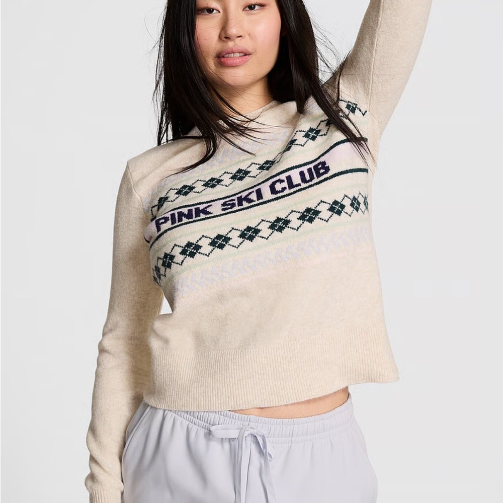 VICTORIA'S SECRET PINK SKI CLUB Collegiate Ivory Knit Crewneck Sweater NEW LG